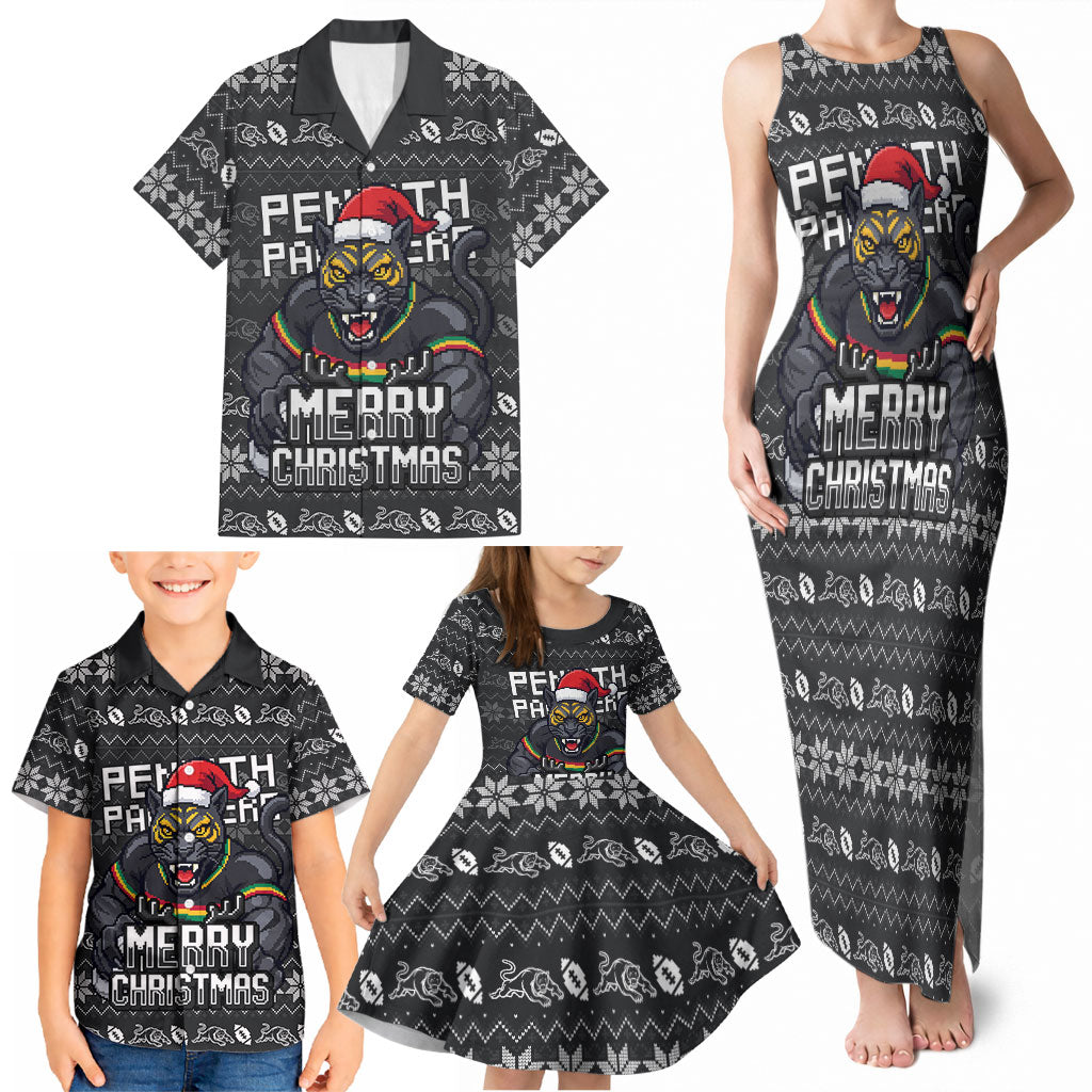 Personalized Penrith Panthers Christmas Family Matching Tank Maxi Dress and Hawaiian Shirt Australian Rugby Fans - Pixelated Ugly Xmas Pattern Mascot Santa