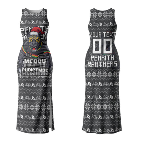 Personalized Penrith Panthers Christmas Family Matching Tank Maxi Dress and Hawaiian Shirt Australian Rugby Fans - Pixelated Ugly Xmas Pattern Mascot Santa