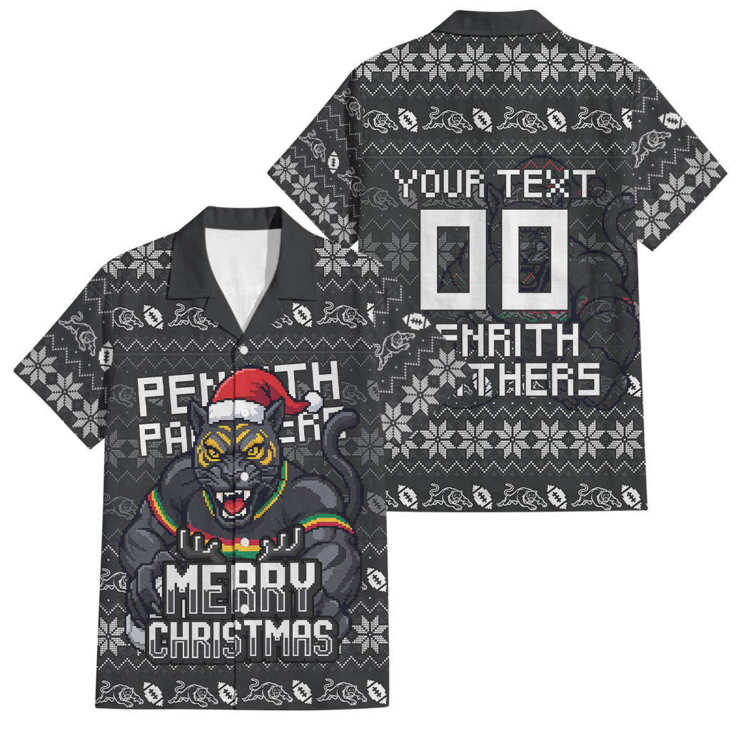 Personalized Penrith Panthers Christmas Family Matching Tank Maxi Dress and Hawaiian Shirt Australian Rugby Fans - Pixelated Ugly Xmas Pattern Mascot Santa