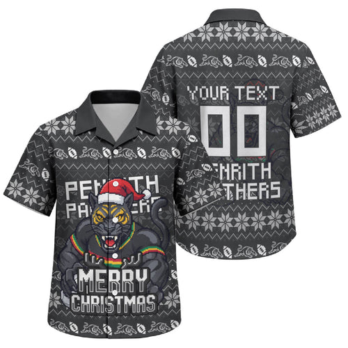 Personalized Penrith Panthers Christmas Family Matching Tank Maxi Dress and Hawaiian Shirt Australian Rugby Fans - Pixelated Ugly Xmas Pattern Mascot Santa