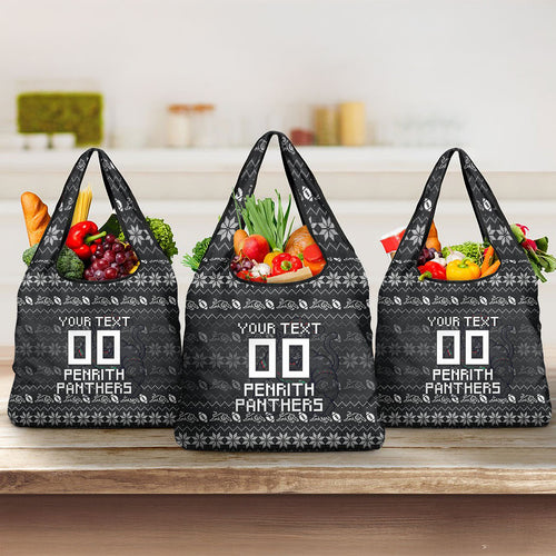 Personalized Penrith Panthers Christmas Grocery Bag Australian Rugby Fans - Pixelated Ugly Xmas Pattern Mascot Santa