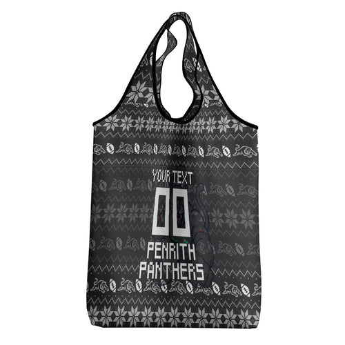 Personalized Penrith Panthers Christmas Grocery Bag Australian Rugby Fans - Pixelated Ugly Xmas Pattern Mascot Santa