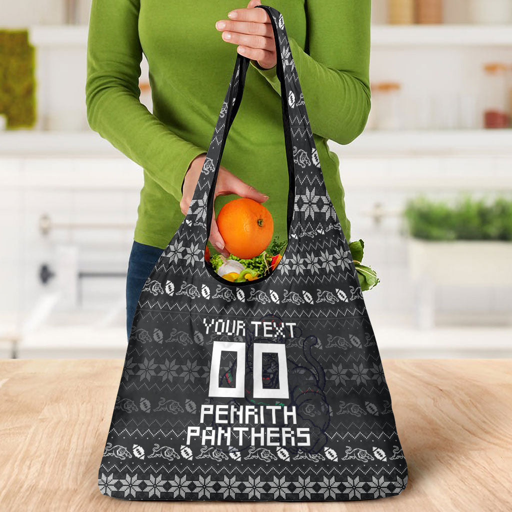 Personalized Penrith Panthers Christmas Grocery Bag Australian Rugby Fans - Pixelated Ugly Xmas Pattern Mascot Santa