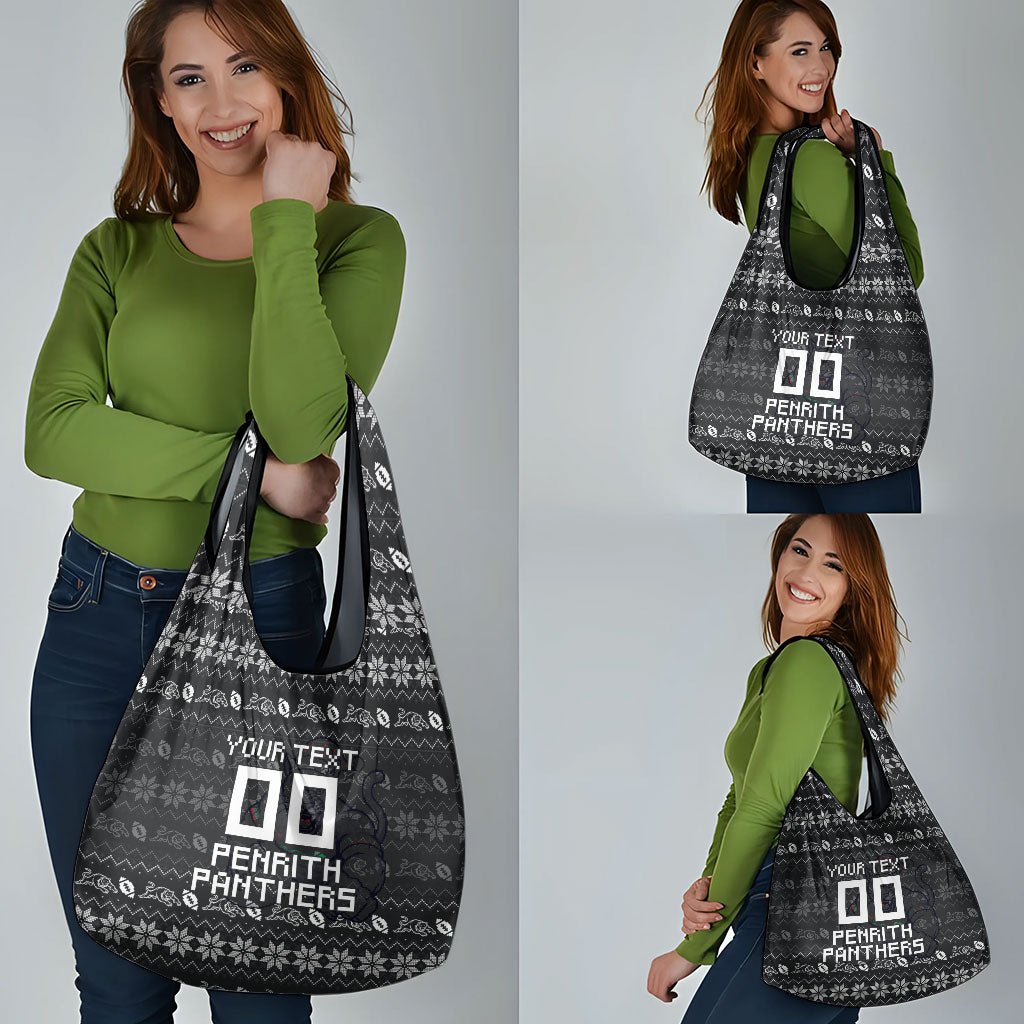Personalized Penrith Panthers Christmas Grocery Bag Australian Rugby Fans - Pixelated Ugly Xmas Pattern Mascot Santa