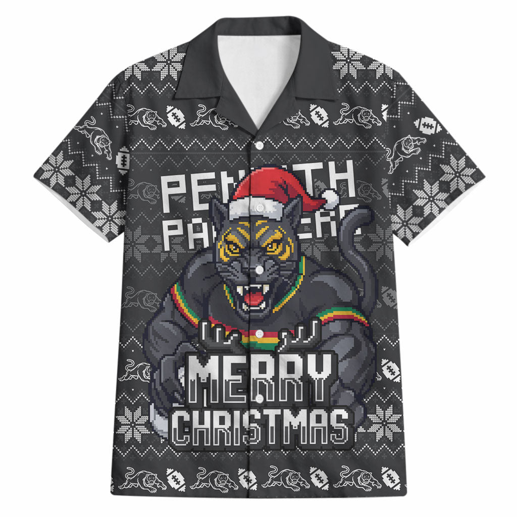 Personalized Penrith Panthers Christmas Hawaiian Shirt Australian Rugby Fans - Pixelated Ugly Xmas Pattern Mascot Santa