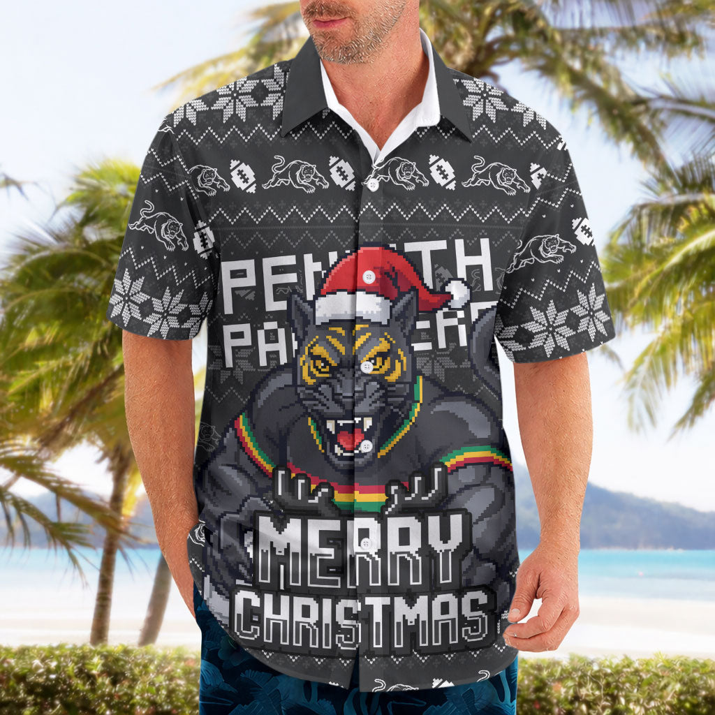Personalized Penrith Panthers Christmas Hawaiian Shirt Australian Rugby Fans - Pixelated Ugly Xmas Pattern Mascot Santa