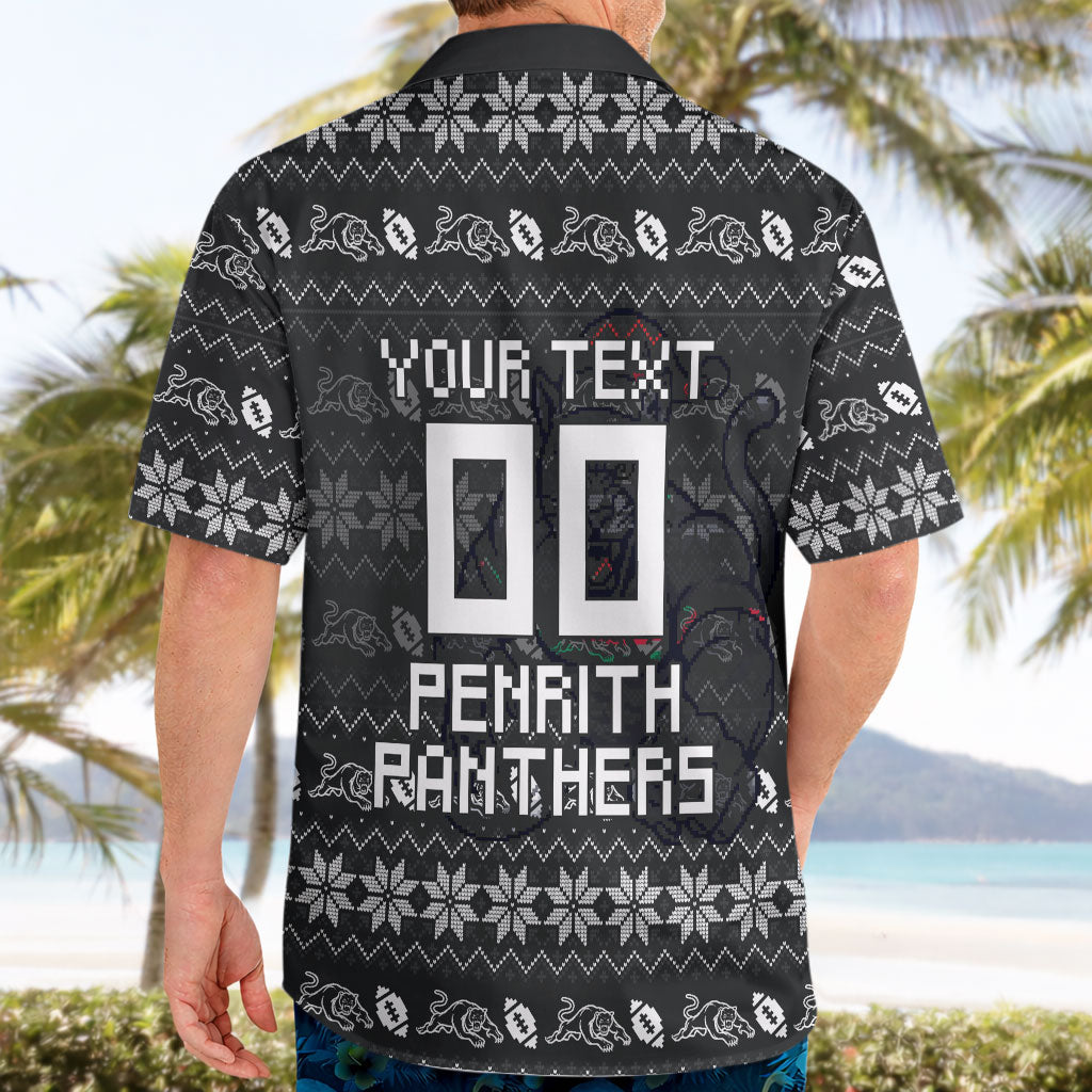 Personalized Penrith Panthers Christmas Hawaiian Shirt Australian Rugby Fans - Pixelated Ugly Xmas Pattern Mascot Santa
