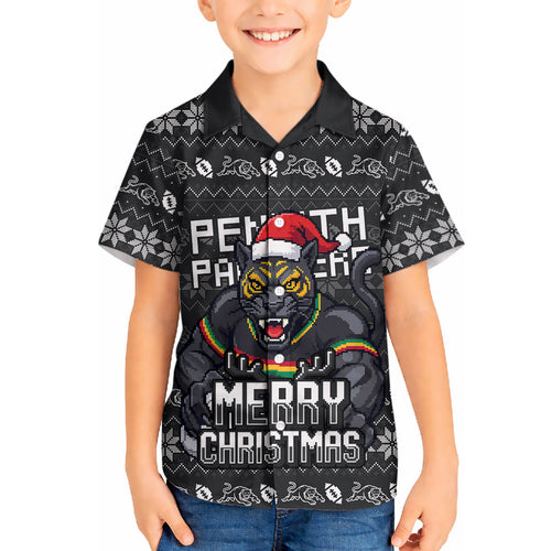 Personalized Penrith Panthers Christmas Hawaiian Shirt Australian Rugby Fans - Pixelated Ugly Xmas Pattern Mascot Santa