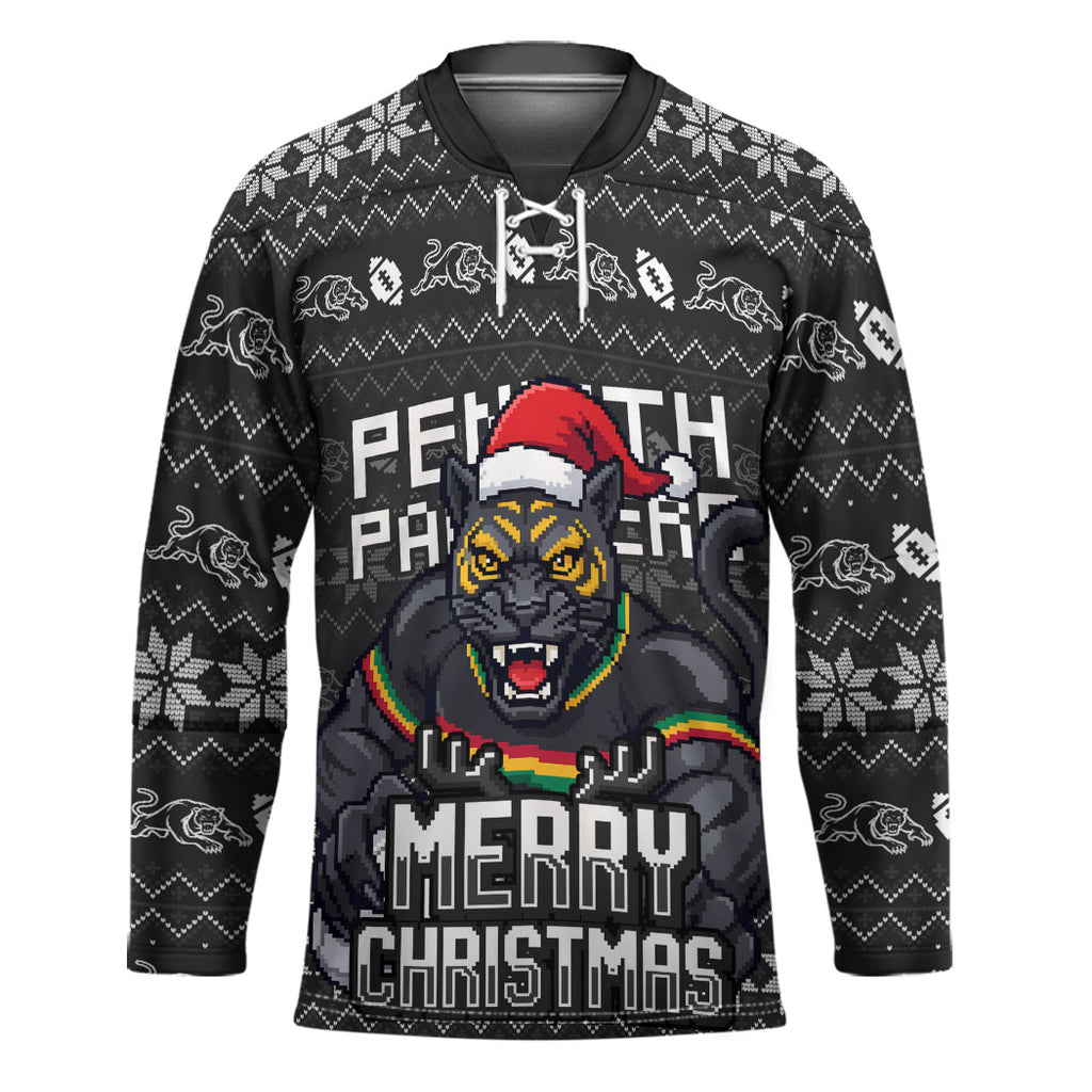 Personalized Penrith Panthers Christmas Hockey Jersey Australian Rugby Fans - Pixelated Ugly Xmas Pattern Mascot Santa