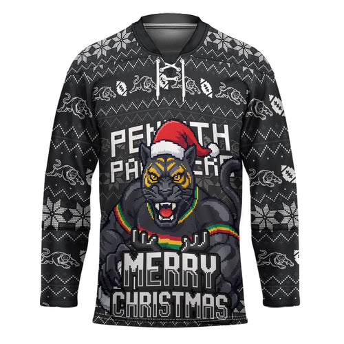 Personalized Penrith Panthers Christmas Hockey Jersey Australian Rugby Fans - Pixelated Ugly Xmas Pattern Mascot Santa