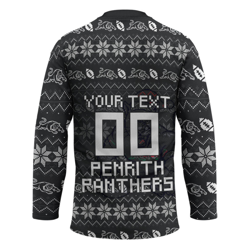 Personalized Penrith Panthers Christmas Hockey Jersey Australian Rugby Fans - Pixelated Ugly Xmas Pattern Mascot Santa