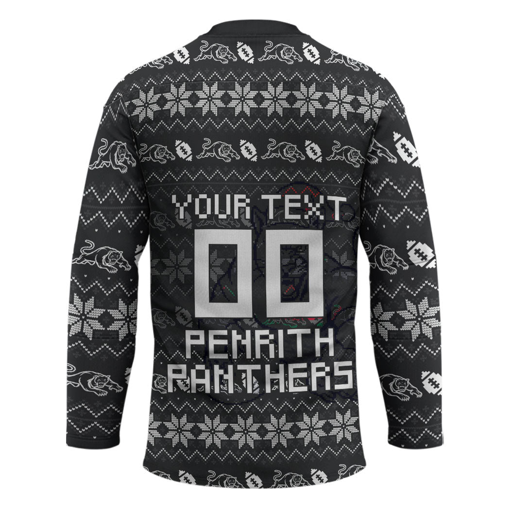Personalized Penrith Panthers Christmas Hockey Jersey Australian Rugby Fans - Pixelated Ugly Xmas Pattern Mascot Santa