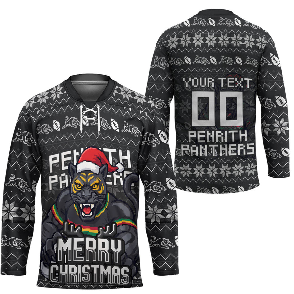 Personalized Penrith Panthers Christmas Hockey Jersey Australian Rugby Fans - Pixelated Ugly Xmas Pattern Mascot Santa