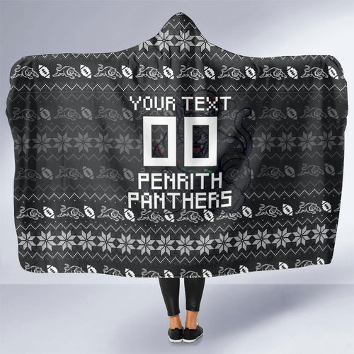 Personalized Penrith Panthers Christmas Hooded Blanket Australian Rugby Fans - Pixelated Ugly Xmas Pattern Mascot Santa