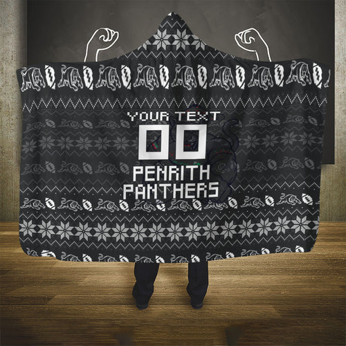 Personalized Penrith Panthers Christmas Hooded Blanket Australian Rugby Fans - Pixelated Ugly Xmas Pattern Mascot Santa