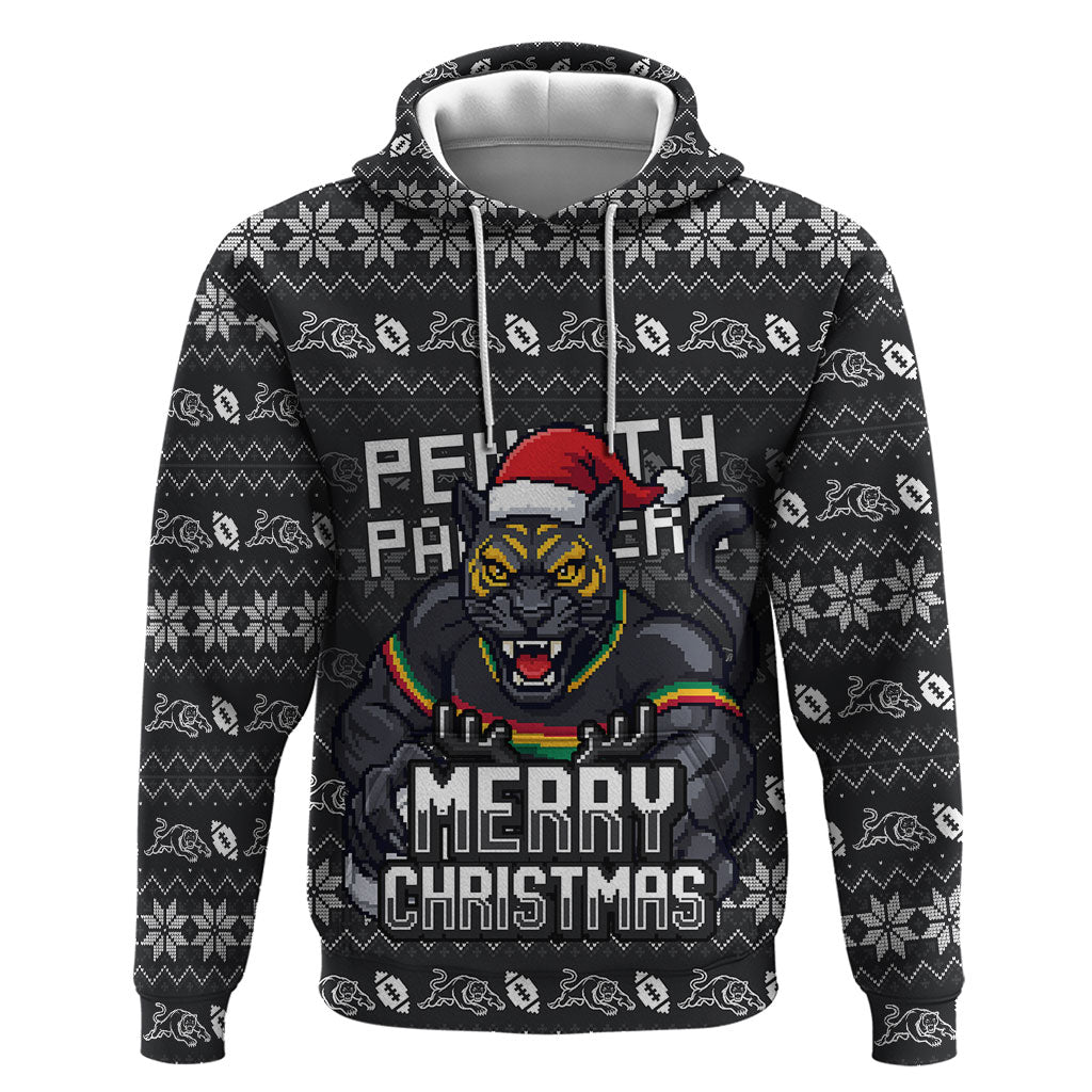 Personalized Penrith Panthers Christmas Hoodie Australian Rugby Fans - Pixelated Ugly Xmas Pattern Mascot Santa