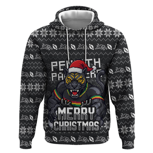 Personalized Penrith Panthers Christmas Hoodie Australian Rugby Fans - Pixelated Ugly Xmas Pattern Mascot Santa