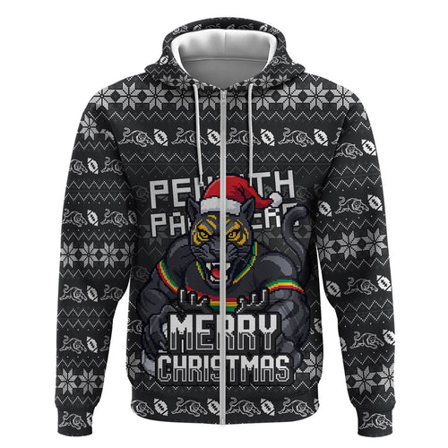 Personalized Penrith Panthers Christmas Hoodie Australian Rugby Fans - Pixelated Ugly Xmas Pattern Mascot Santa
