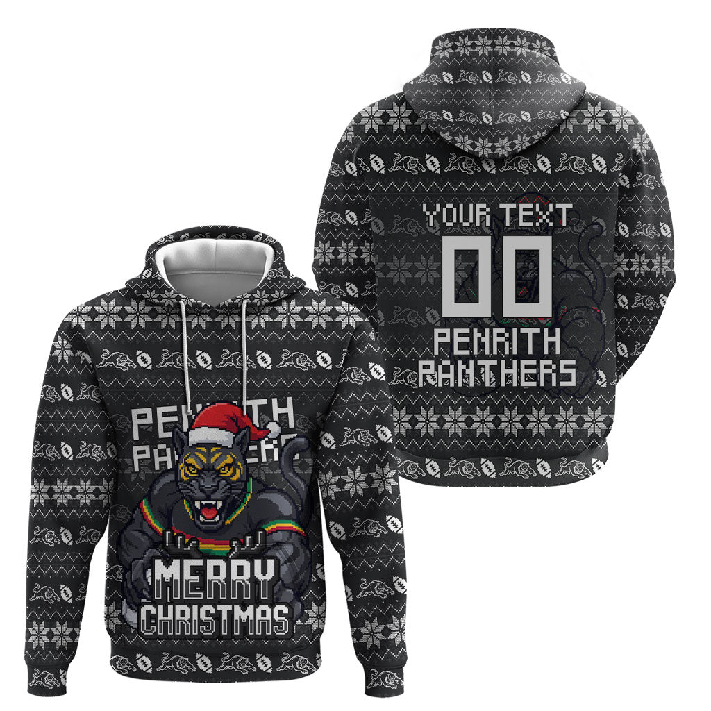 Personalized Penrith Panthers Christmas Hoodie Australian Rugby Fans - Pixelated Ugly Xmas Pattern Mascot Santa