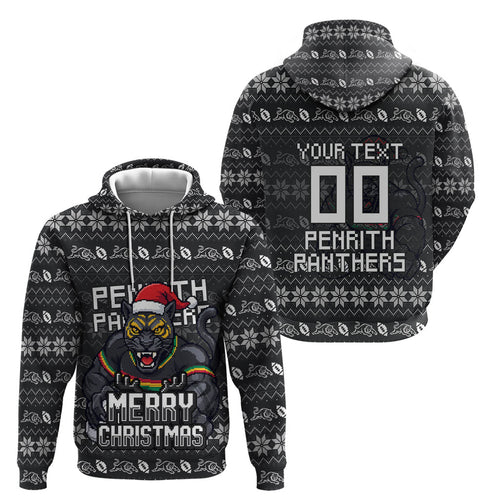 Personalized Penrith Panthers Christmas Hoodie Australian Rugby Fans - Pixelated Ugly Xmas Pattern Mascot Santa