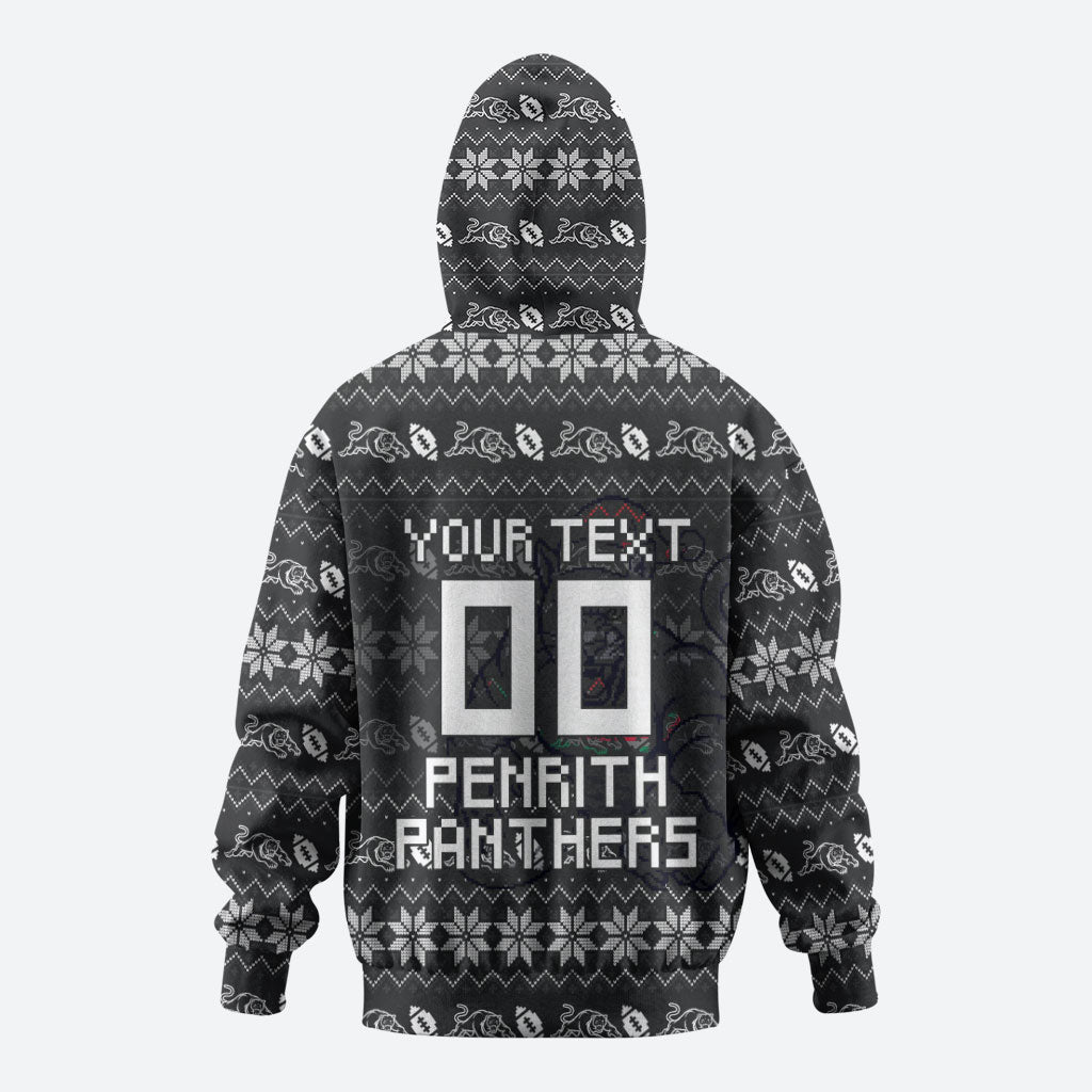 Personalized Penrith Panthers Christmas Hoodie Australian Rugby Fans - Pixelated Ugly Xmas Pattern Mascot Santa