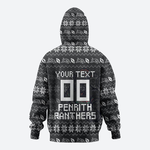 Personalized Penrith Panthers Christmas Hoodie Australian Rugby Fans - Pixelated Ugly Xmas Pattern Mascot Santa