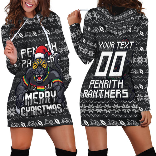 Personalized Penrith Panthers Christmas Hoodie Dress Australian Rugby Fans - Pixelated Ugly Xmas Pattern Mascot Santa