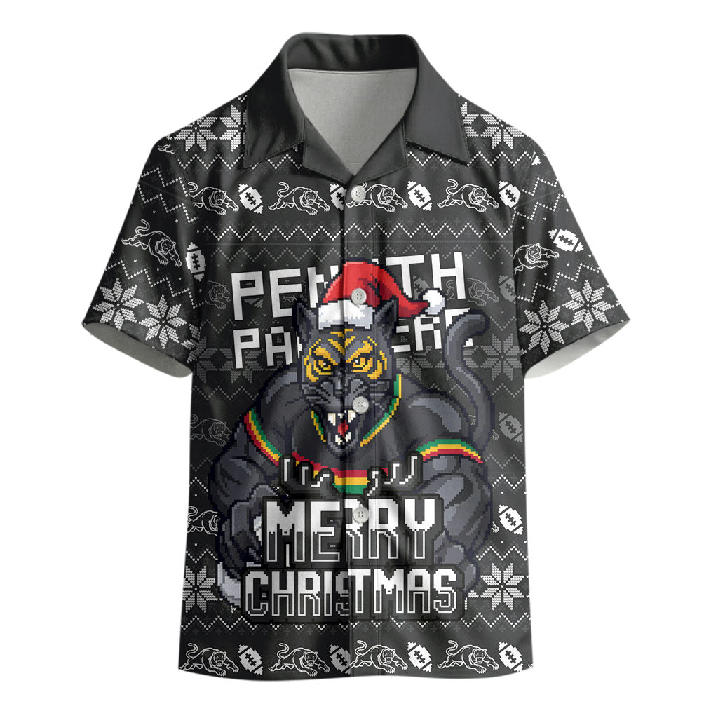 Personalized Penrith Panthers Christmas Kid Hawaiian Shirt Australian Rugby Fans - Pixelated Ugly Xmas Pattern Mascot Santa