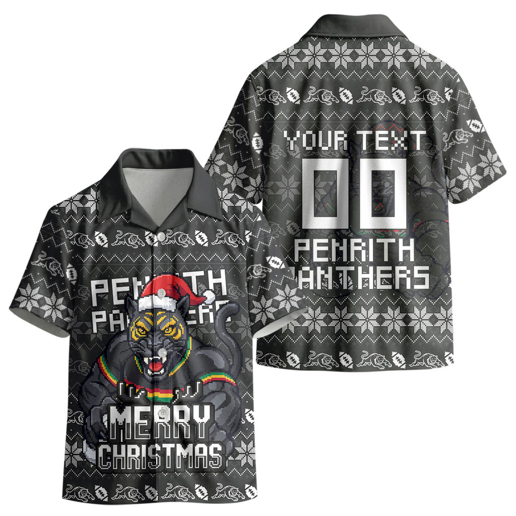 Personalized Penrith Panthers Christmas Kid Hawaiian Shirt Australian Rugby Fans - Pixelated Ugly Xmas Pattern Mascot Santa