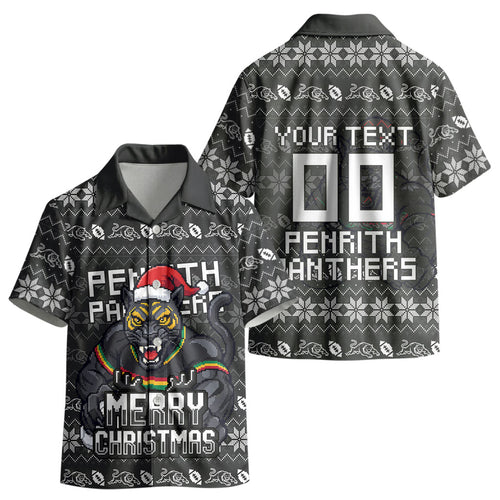 Personalized Penrith Panthers Christmas Kid Hawaiian Shirt Australian Rugby Fans - Pixelated Ugly Xmas Pattern Mascot Santa