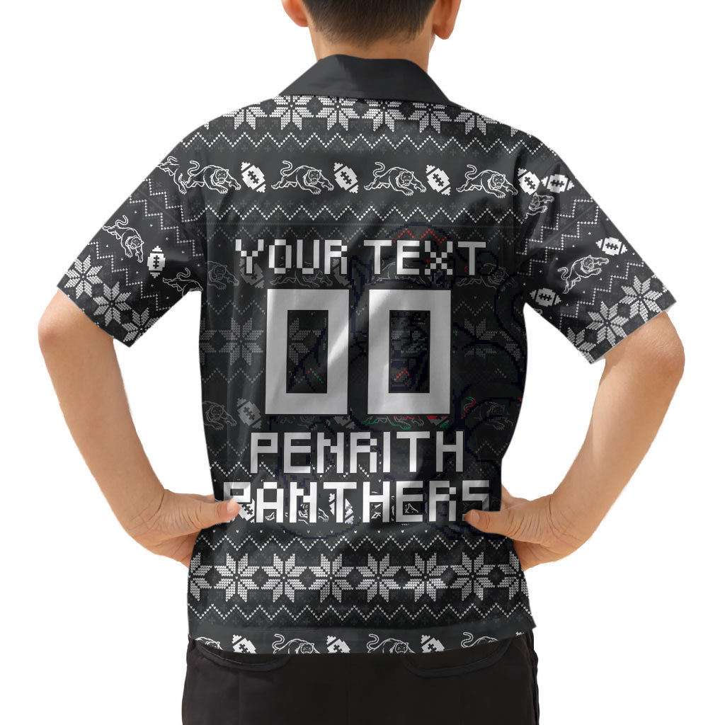 Personalized Penrith Panthers Christmas Kid Hawaiian Shirt Australian Rugby Fans - Pixelated Ugly Xmas Pattern Mascot Santa