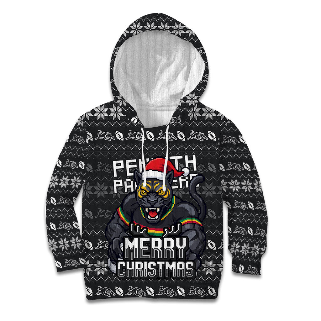 Personalized Penrith Panthers Christmas Kid Hoodie Australian Rugby Fans - Pixelated Ugly Xmas Pattern Mascot Santa