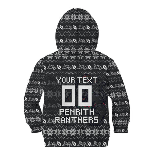 Personalized Penrith Panthers Christmas Kid Hoodie Australian Rugby Fans - Pixelated Ugly Xmas Pattern Mascot Santa