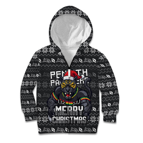 Personalized Penrith Panthers Christmas Kid Hoodie Australian Rugby Fans - Pixelated Ugly Xmas Pattern Mascot Santa