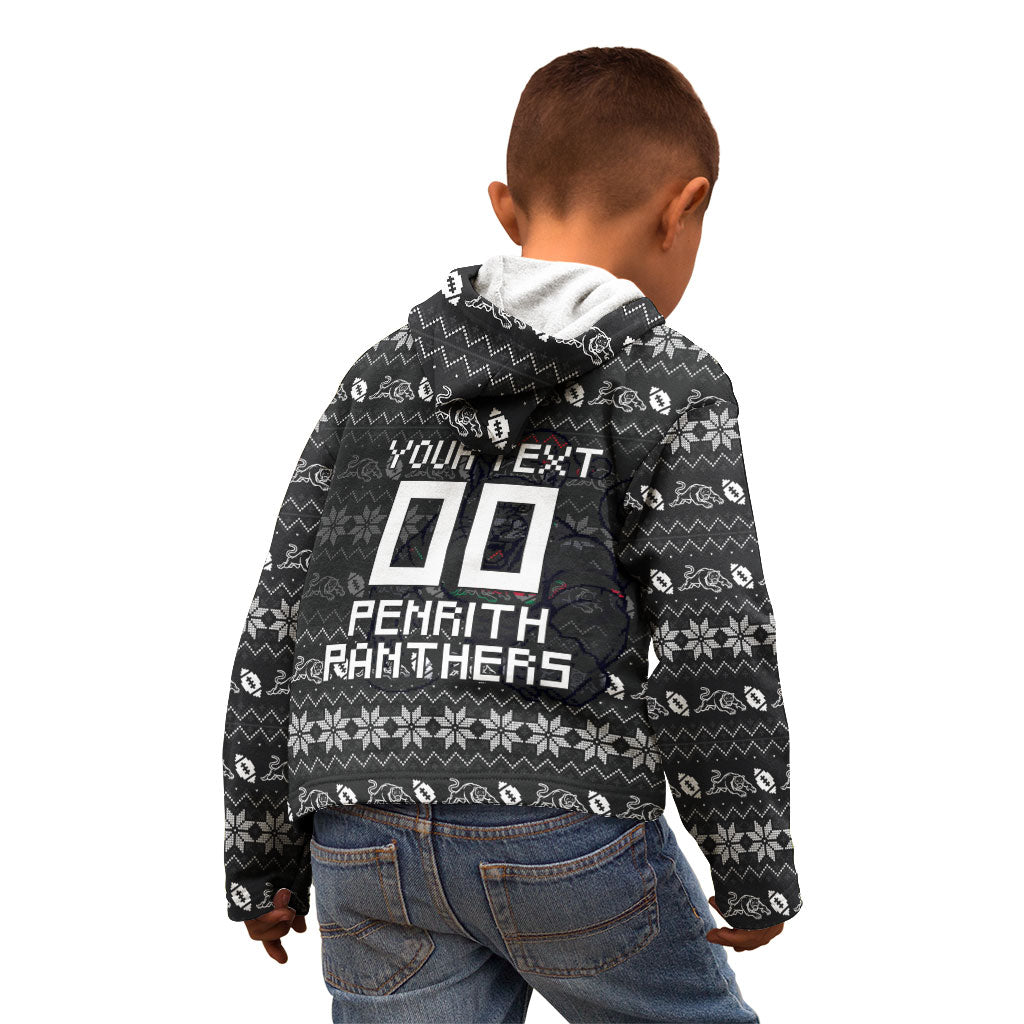 Personalized Penrith Panthers Christmas Kid Hoodie Australian Rugby Fans - Pixelated Ugly Xmas Pattern Mascot Santa