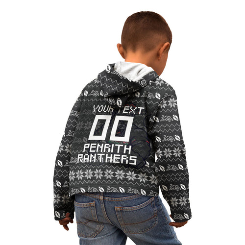 Personalized Penrith Panthers Christmas Kid Hoodie Australian Rugby Fans - Pixelated Ugly Xmas Pattern Mascot Santa