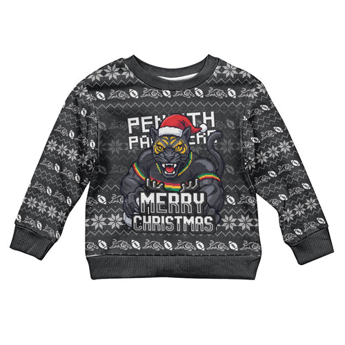 Personalized Penrith Panthers Christmas Kid Ugly Christmas Sweater Australian Rugby Fans - Pixelated Ugly Xmas Pattern Mascot Santa