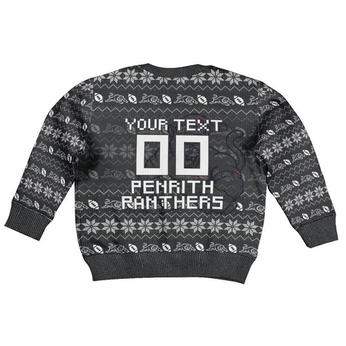 Personalized Penrith Panthers Christmas Kid Ugly Christmas Sweater Australian Rugby Fans - Pixelated Ugly Xmas Pattern Mascot Santa