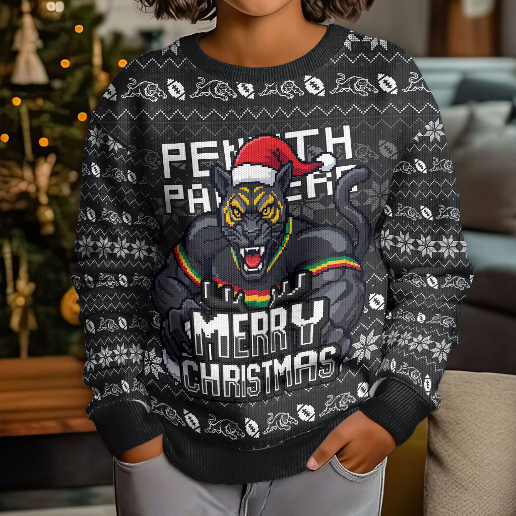 Personalized Penrith Panthers Christmas Kid Ugly Christmas Sweater Australian Rugby Fans - Pixelated Ugly Xmas Pattern Mascot Santa