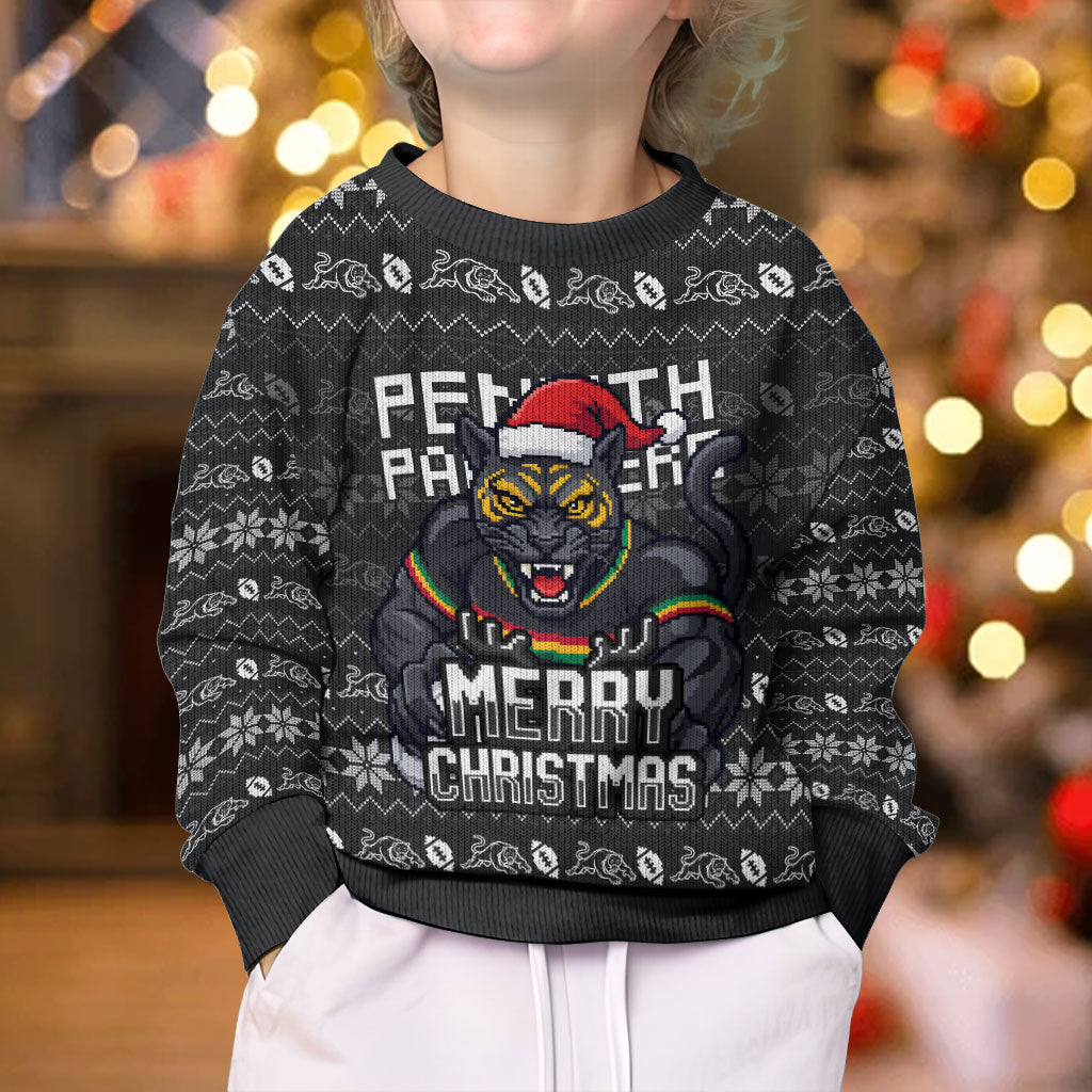 Personalized Penrith Panthers Christmas Kid Ugly Christmas Sweater Australian Rugby Fans - Pixelated Ugly Xmas Pattern Mascot Santa