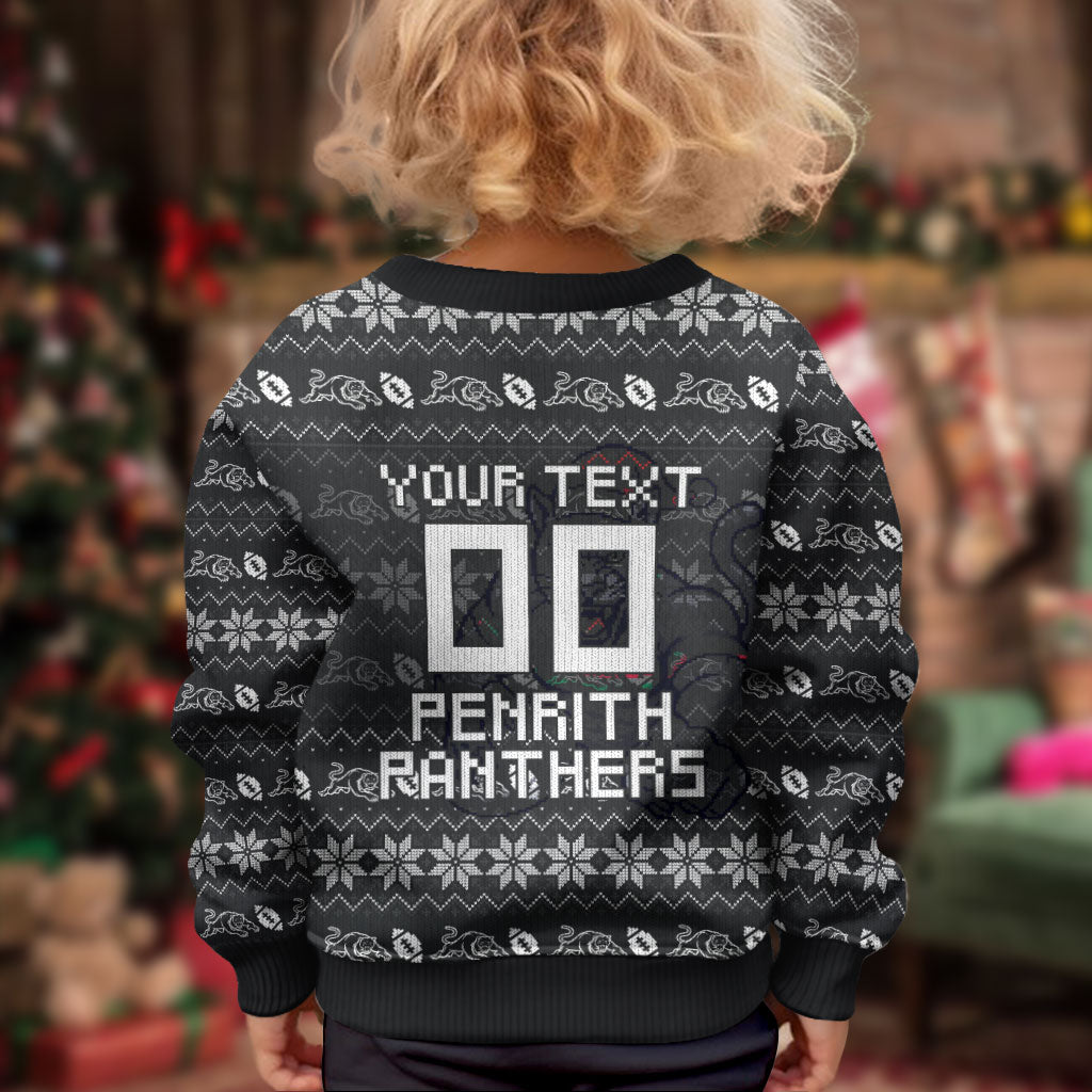 Personalized Penrith Panthers Christmas Kid Ugly Christmas Sweater Australian Rugby Fans - Pixelated Ugly Xmas Pattern Mascot Santa