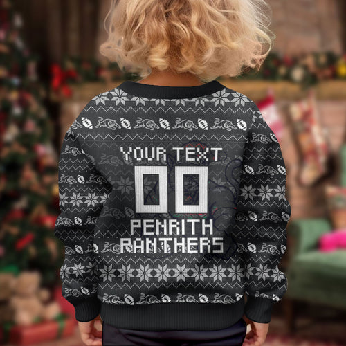 Personalized Penrith Panthers Christmas Kid Ugly Christmas Sweater Australian Rugby Fans - Pixelated Ugly Xmas Pattern Mascot Santa