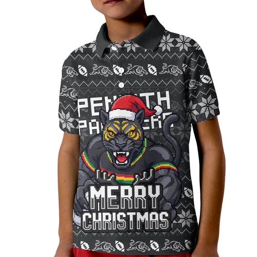 Personalized Penrith Panthers Christmas Kid Polo Shirt Australian Rugby Fans - Pixelated Ugly Xmas Pattern Mascot Santa