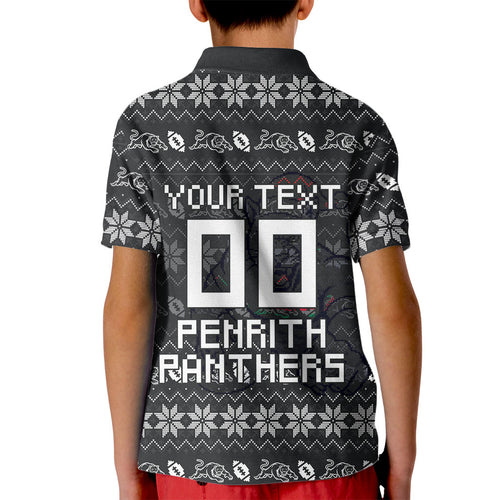 Personalized Penrith Panthers Christmas Kid Polo Shirt Australian Rugby Fans - Pixelated Ugly Xmas Pattern Mascot Santa