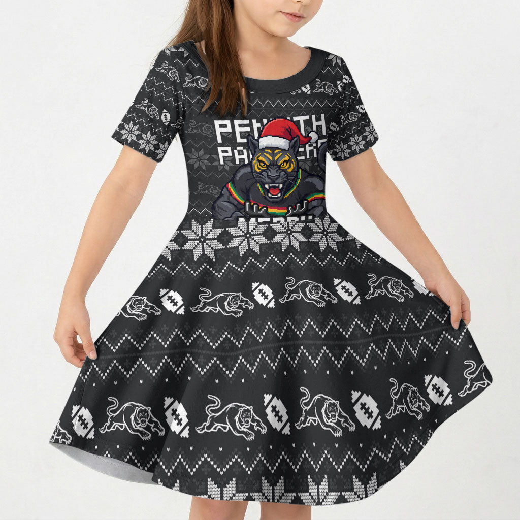 Personalized Penrith Panthers Christmas Kid Short Sleeve Dress Australian Rugby Fans - Pixelated Ugly Xmas Pattern Mascot Santa