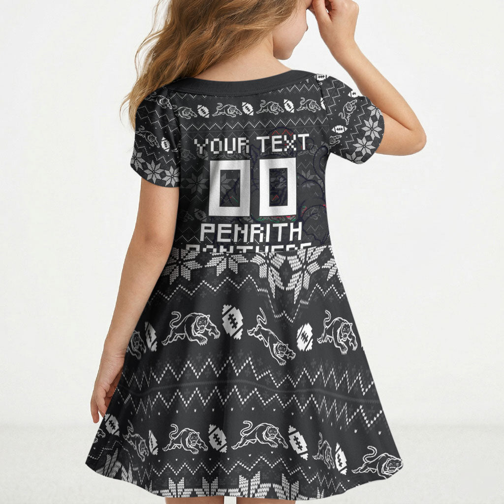 Personalized Penrith Panthers Christmas Kid Short Sleeve Dress Australian Rugby Fans - Pixelated Ugly Xmas Pattern Mascot Santa