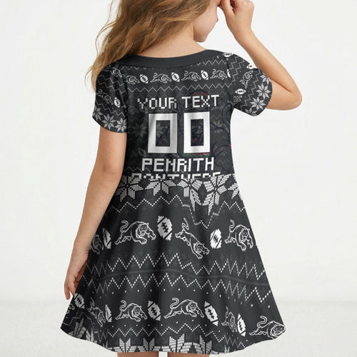 Personalized Penrith Panthers Christmas Kid Short Sleeve Dress Australian Rugby Fans - Pixelated Ugly Xmas Pattern Mascot Santa