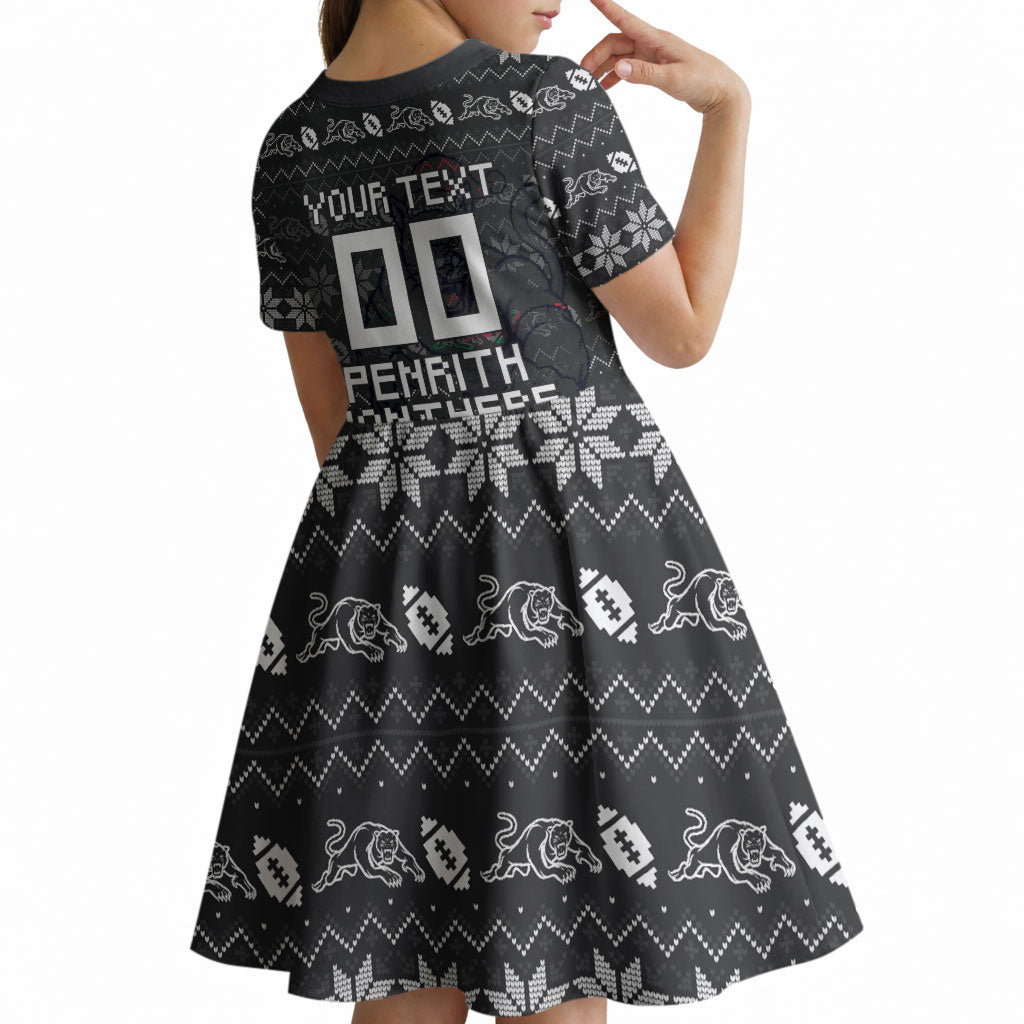 Personalized Penrith Panthers Christmas Kid Short Sleeve Dress Australian Rugby Fans - Pixelated Ugly Xmas Pattern Mascot Santa