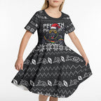 Personalized Penrith Panthers Christmas Kid Short Sleeve Dress Australian Rugby Fans - Pixelated Ugly Xmas Pattern Mascot Santa