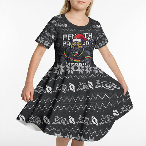 Personalized Penrith Panthers Christmas Kid Short Sleeve Dress Australian Rugby Fans - Pixelated Ugly Xmas Pattern Mascot Santa